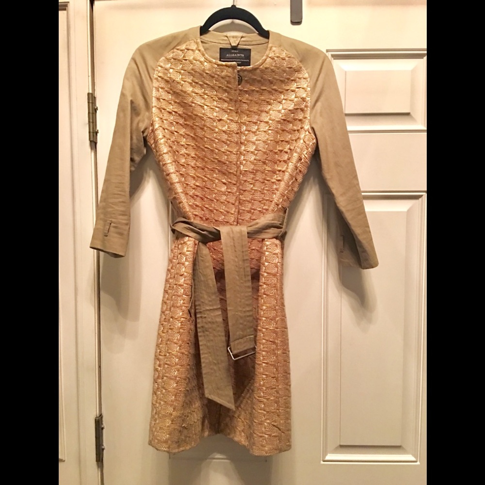 AllSaints Gold & Tan Textured Belted Trench Coat